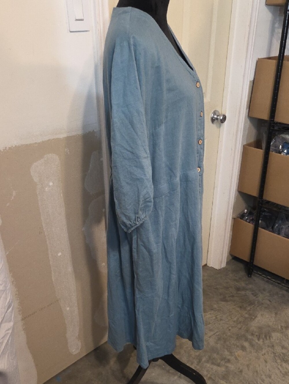 Grae Cove Light Blue V-Neck Button-Front Midi Dress Elastic Waist Lagenlook - Picture 3 of 12